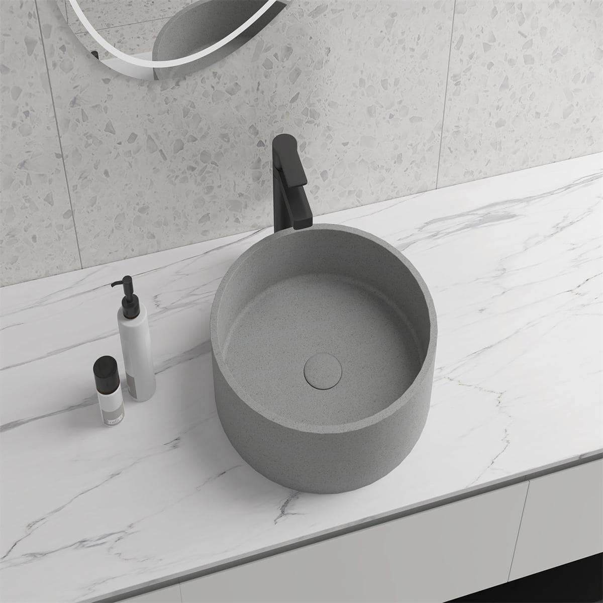 Round Concrete Vessel Bathroom Sink in Grey without Faucet and Drain - 灰色 - 查看 1