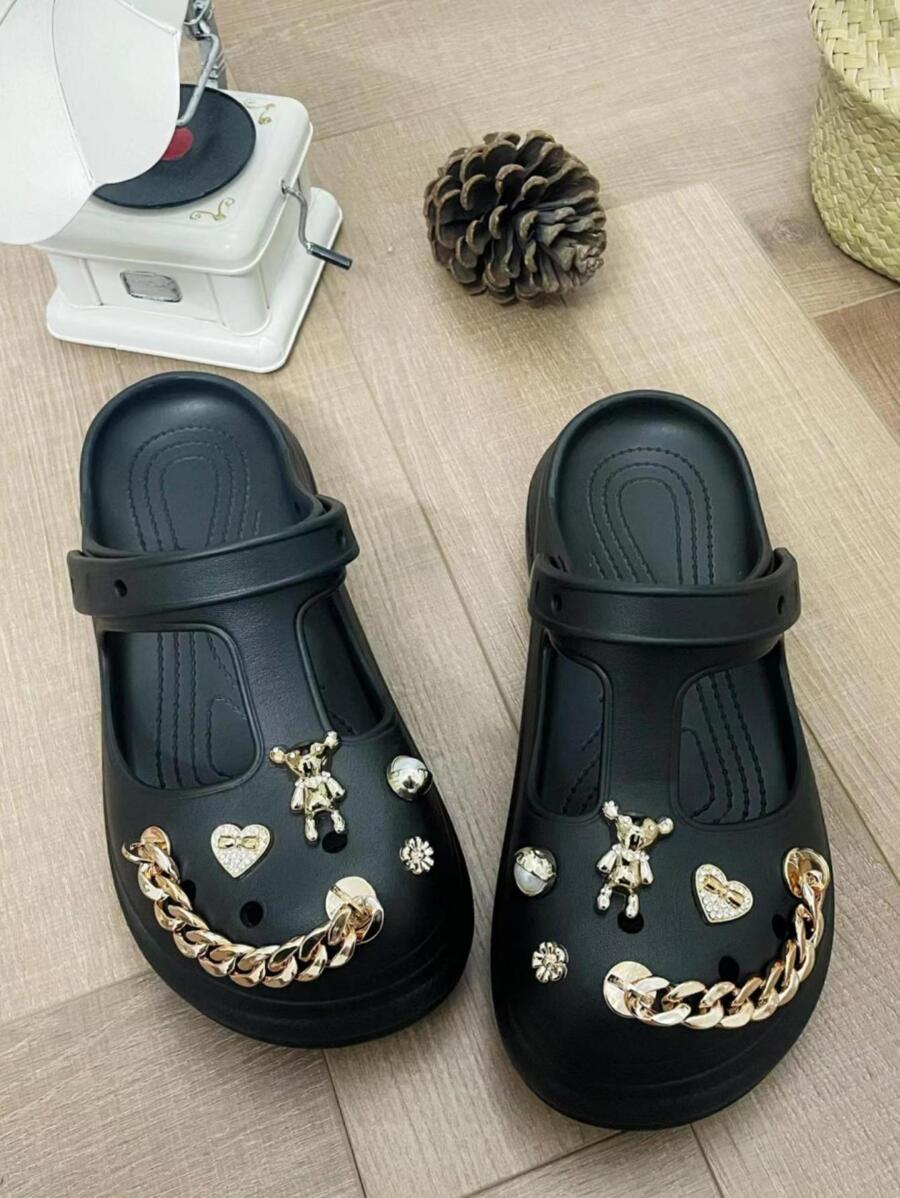 Guốc Màu Đen Thời Trang Cho Nữ, Guốc Có Lỗ Trang Trí Dây Xích & Gấu - màu đen - Xem 1