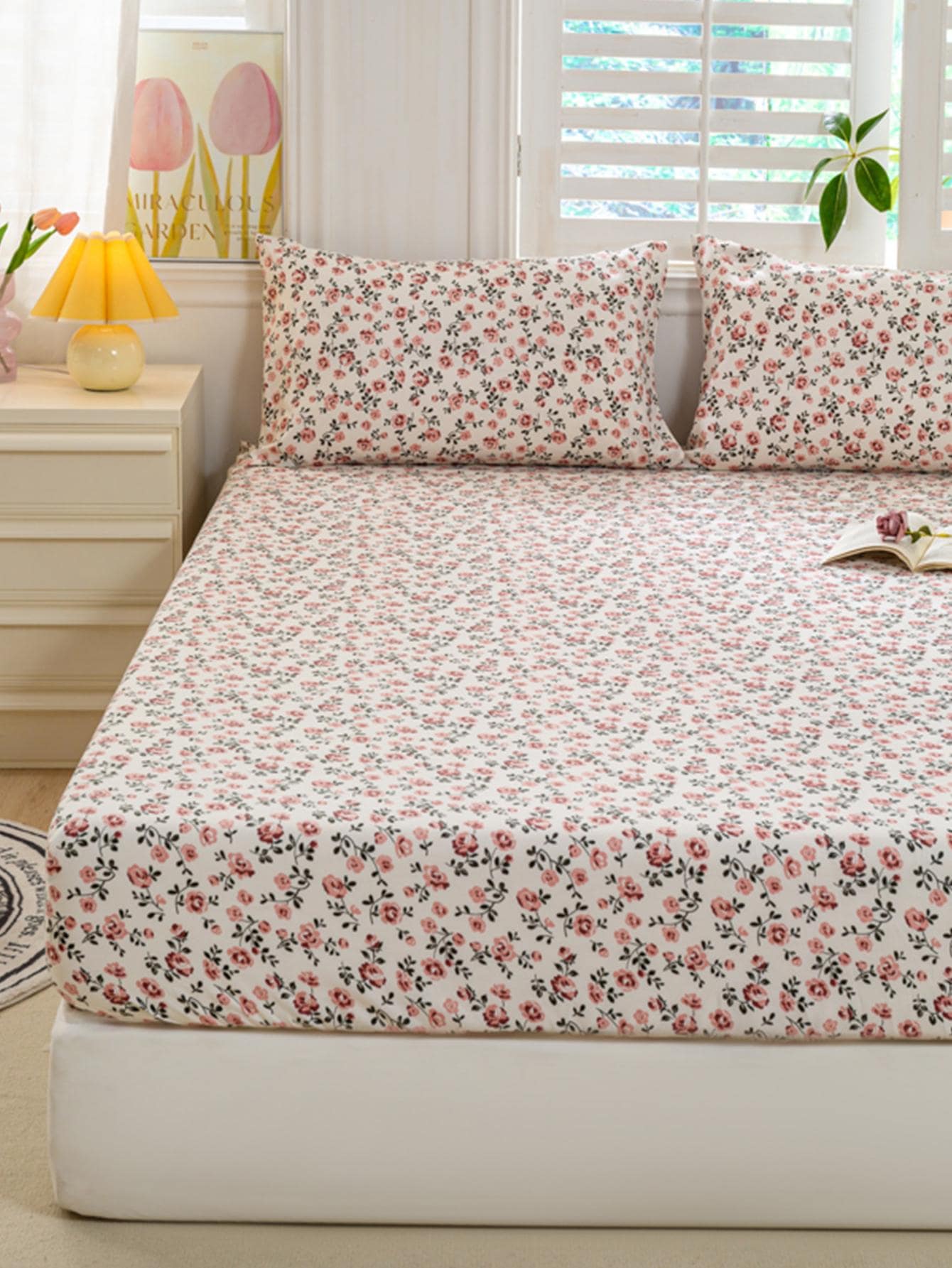 1pc Flower Pattern Fitted Sheet, Modern Fabric Fitted Bottom Sheet For