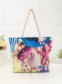 沙灘圖案單肩托特包大容量雙把手適用於度假 - 彩色 - 查看 1