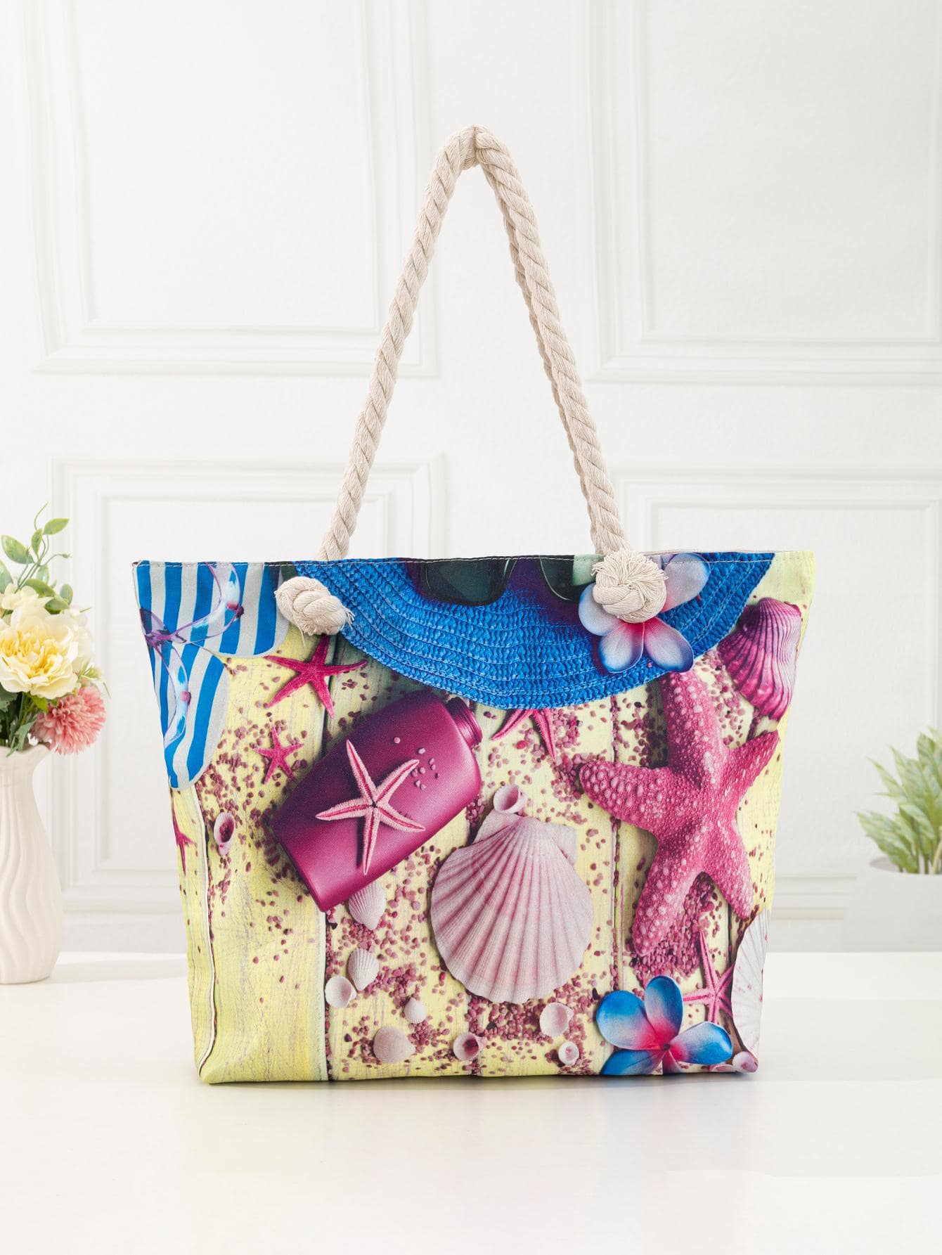 沙灘圖案單肩托特包大容量雙把手適用於度假 - 彩色 - 查看 1