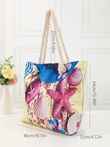 沙灘圖案單肩托特包大容量雙把手適用於度假 - 彩色 - 查看 3