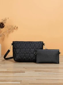 2入組斜挎包套裝愛心圖案金屬裝飾方包 - 黑色 - 查看 4