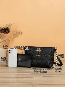 2入組斜挎包套裝愛心圖案金屬裝飾方包 - 黑色 - 查看 2