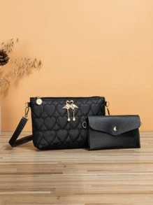 2入組斜挎包套裝愛心圖案金屬裝飾方包 - 黑色 - 查看 3