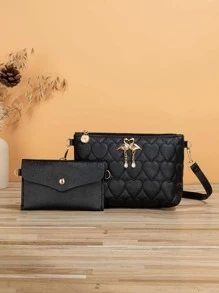 2入組斜挎包套裝愛心圖案金屬裝飾方包 - 黑色 - 查看 1