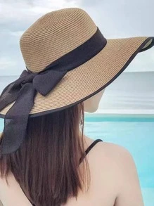 1入組女士蝴蝶結裝飾寬邊緣波西米亞草編帽適用於海灘 - 卡其色 - 查看 1