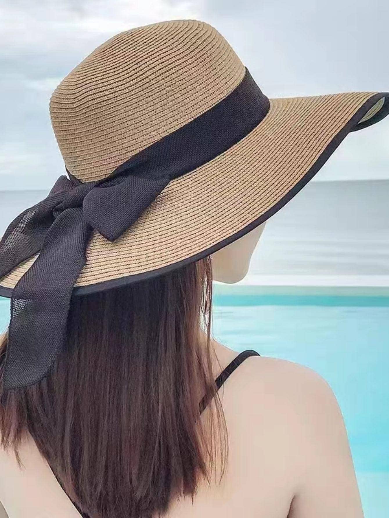 1入組女士蝴蝶結裝飾寬邊緣波西米亞草編帽適用於海灘 - 卡其色 - 查看 1