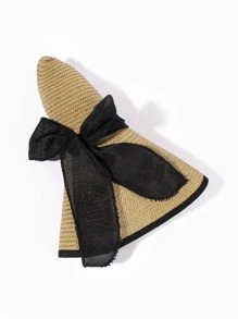 1入組女士蝴蝶結裝飾寬邊緣波西米亞草編帽適用於海灘 - 卡其色 - 查看 3