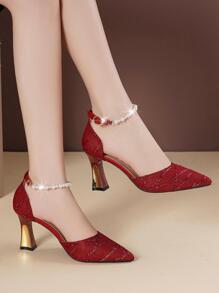 Women's Pointed Toe Hollow Out Chunky Heeled Pumps With Ankle Strap - Red - View 3