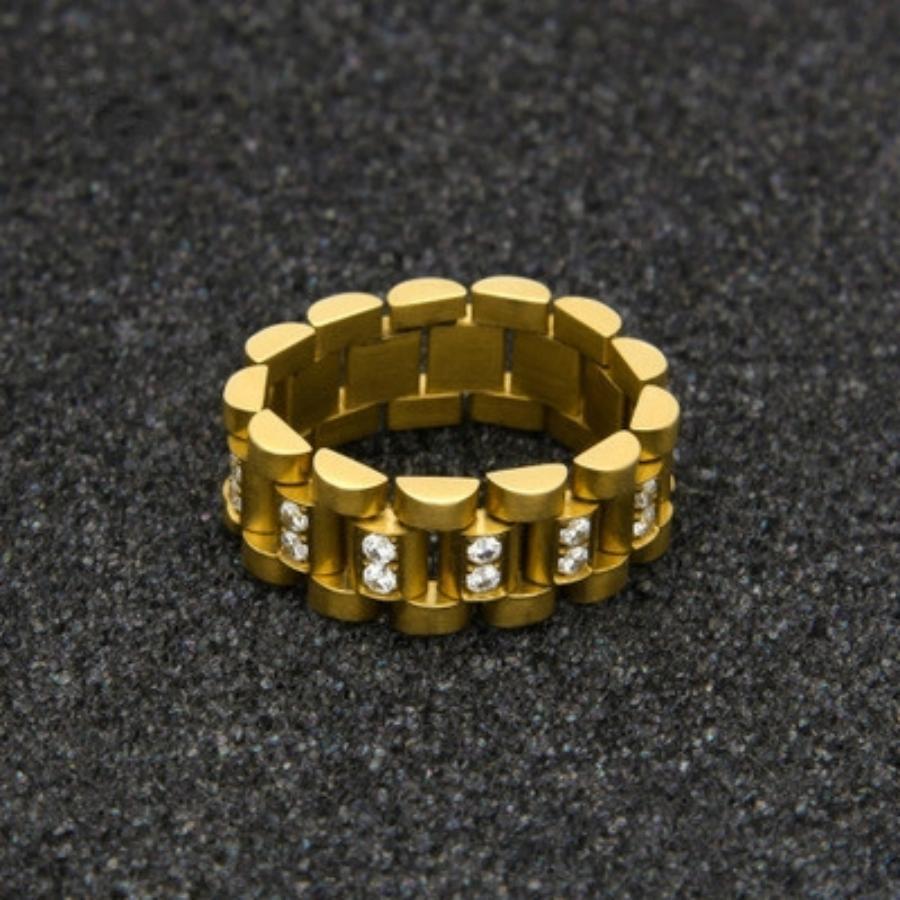 1入組時尚鋅合金水鑽裝飾鏈條設計戒指適合男士適用於禮品鋅合金金色黃色 - 金色 - 查看 1