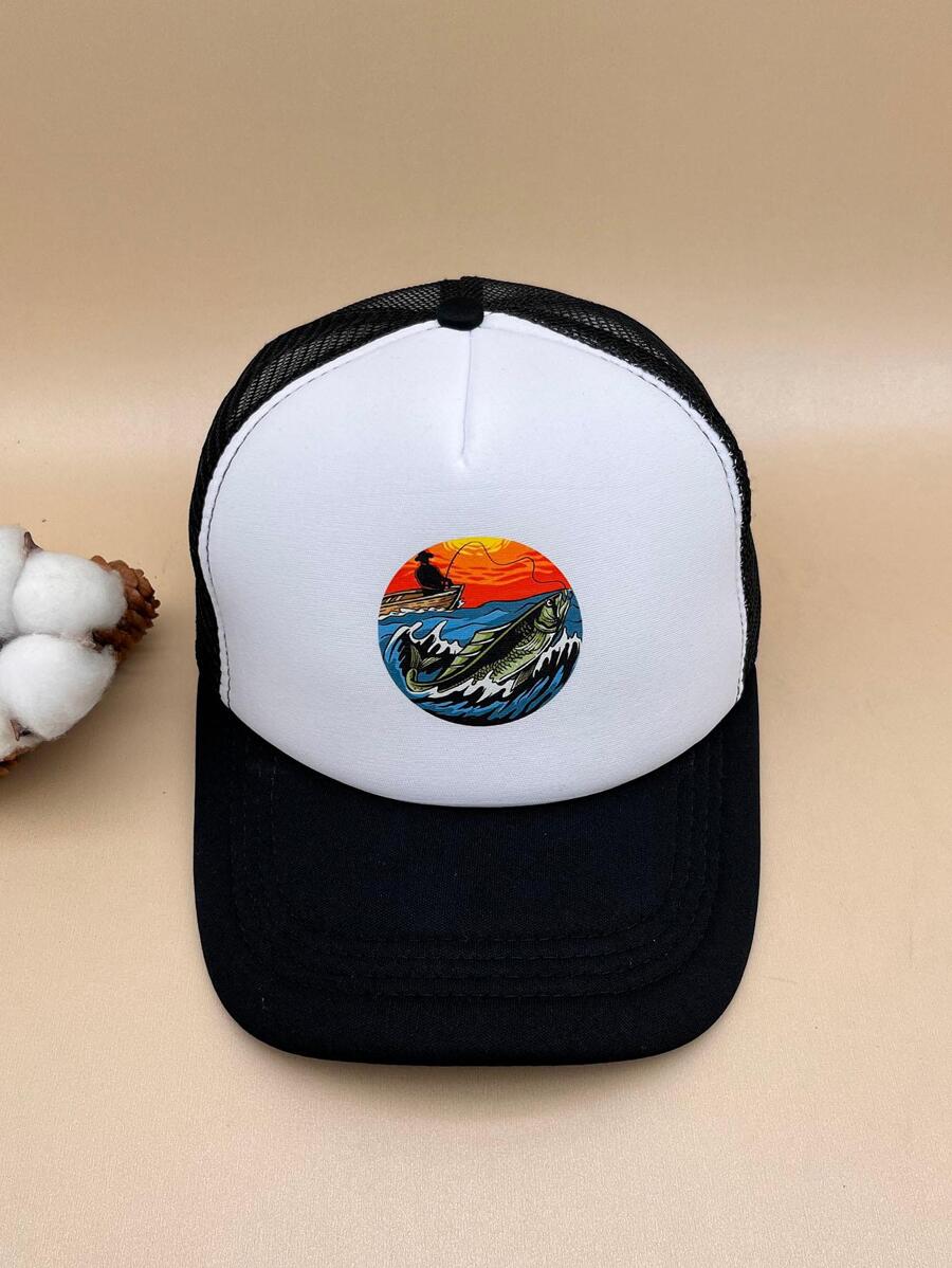 男士垂釣圖案時尚網眼棒球帽日常裝飾 - 黑與白 - 查看 1