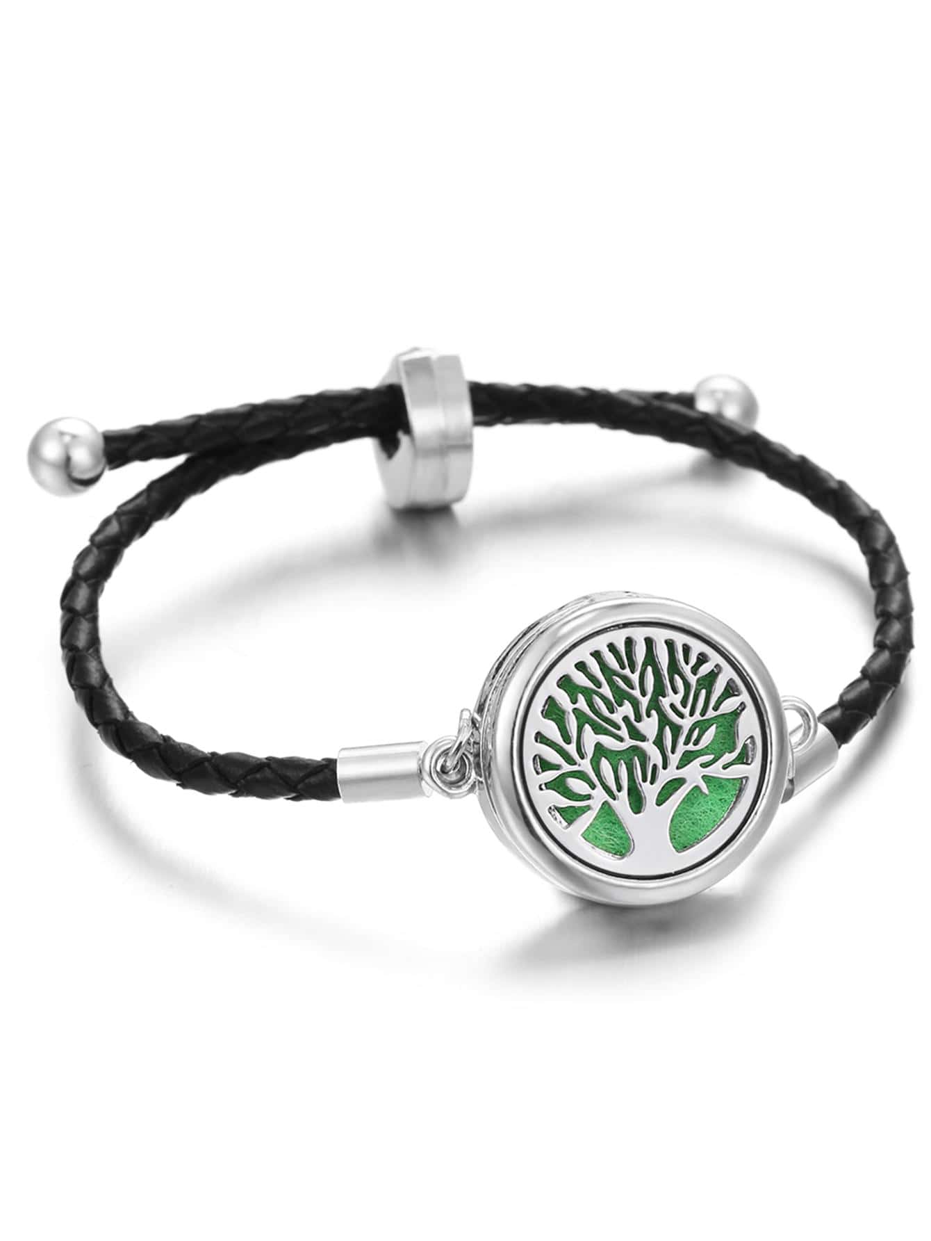 新款香薰手環可調節黑色PU皮革挂墜盒手環樹香氣香水精油擴散器手環 - B - 查看 1