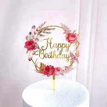 Happy Birthday Cake Topper Gold Flower Acrylic Cake Topper Acrylic Cupcake Topper For Various Birthday