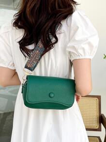 Flip Small Square Bag Lychee Grain Simple Shoulder Messenger Bag , Green - Green - View 2