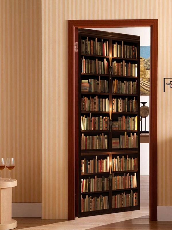 1set PVC Door Sticker, Vintage Bookshelf Pattern Door Sticker For Home