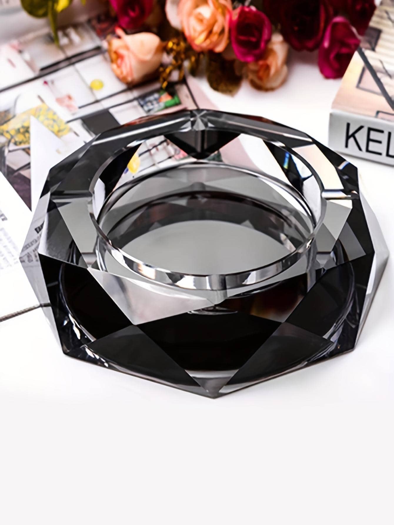 1入組金色/透明/黑色水晶玻璃煙灰缸，雪茄香煙煙灰缸架家庭辦公桌 - 黑色 - 查看 1