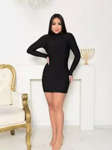Vestido Tubinho Gola Alta Manga Longa Curtinho Suplex - Preto - Visão 5
