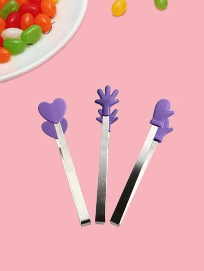 3入組/6入組不滑動不銹鋼食品夾，可愛的手掌手套心形燒烤牛排夾、餐廳水果沙拉夾、家庭麵包夾、冰夾、咖啡型糖果夾、硅膠製冰夾，耐熱食品夾，家庭烹飪廚具及配件