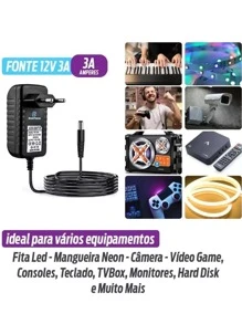 Fonte de energia alimentação, Fita Led 5050/3258 12V 3A Bivolt AC/DC Adapter 2,5mm - Preto - Visão 3