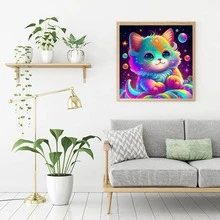 con patrón de gato DIY diamante sin enmarcar moderno de color combinado con estampado de animal Pintura diamante para casa Decoración - Multicolor - Ver 4