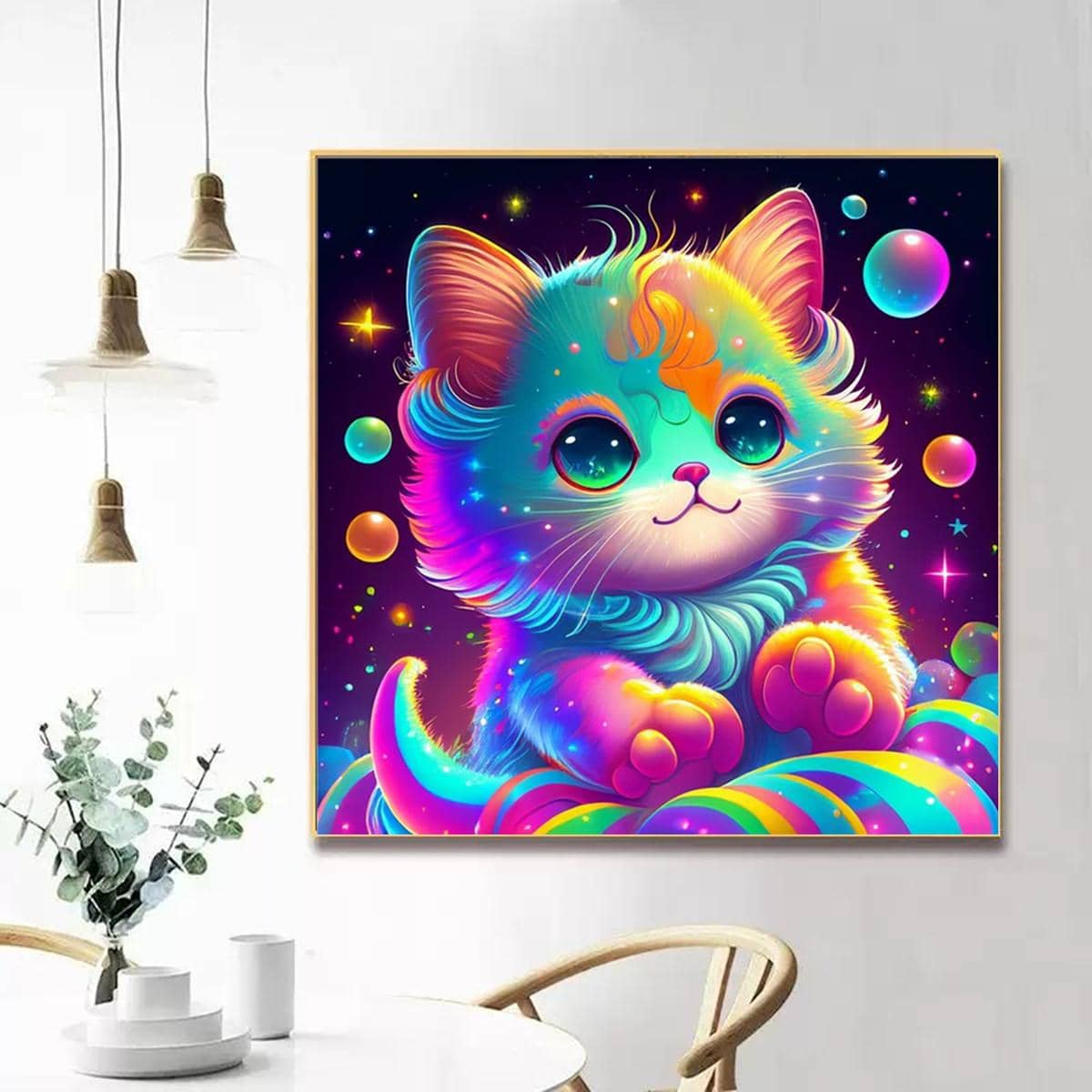 con patrón de gato DIY diamante sin enmarcar moderno de color combinado con estampado de animal Pintura diamante para casa Decoración - Multicolor - Ver 1