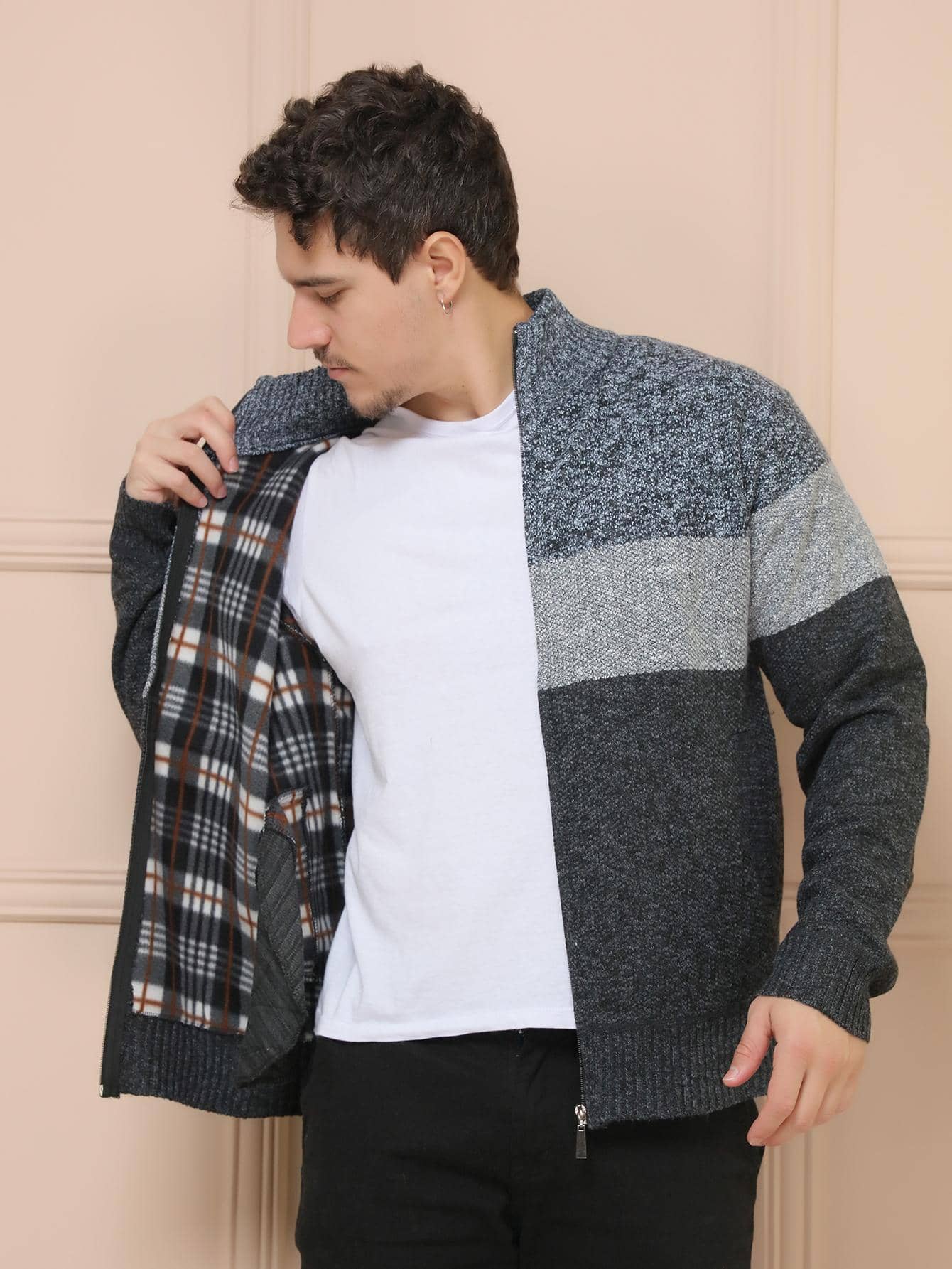 Sueter tricot masculino casaco flanelado blusa de frio zip completo manga longa blusa de Lã importar - Chumbo - Visão 1