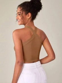 Cropped Model With Crossed Strap At The Neck - Khaki - View 2