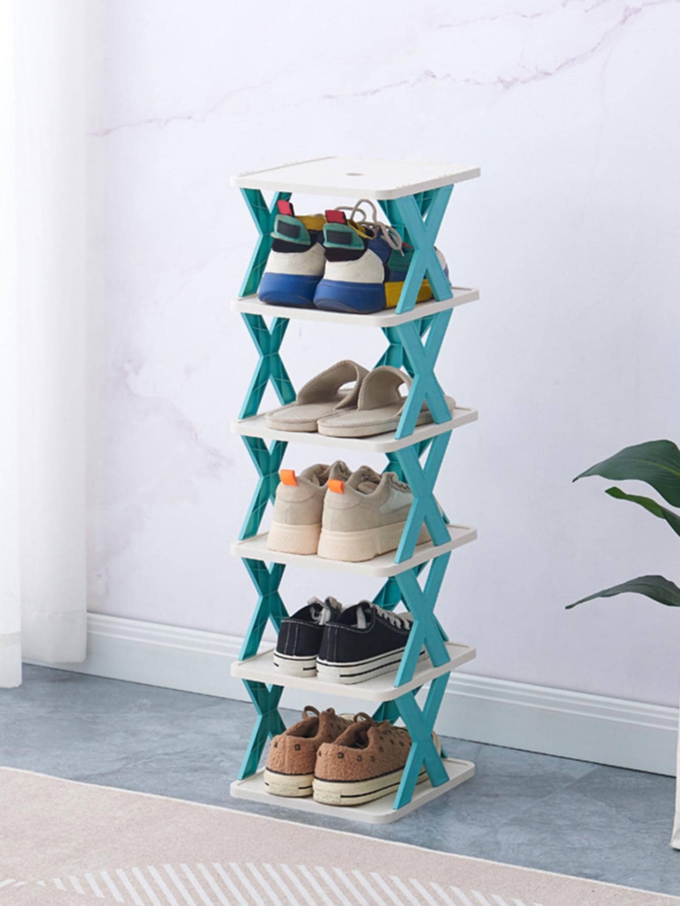 1入組PP鞋櫃，現代雙色多層鞋架收納架和地板儲物櫃 - 藍色 - 查看 1