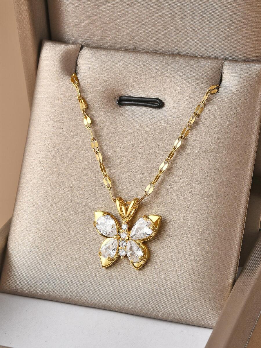 1 Stück Halskette mit Schmetterling aus rostfreiem Stahl und Zirkonia, asymmetrisches mehrfarbiges Design, luxuriöses Geschenk für Frauen