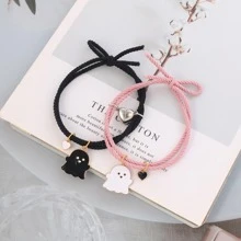 1pair Black & Pink Elastic Hair Ties With Heart & Magnet Decor Halloween Ghost Charm Bracelet, Suitable For Couples' Daily Wear - Black and Pink Heart Ghost - View 1