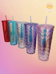 New SIRENA Litmus Color Glass For Smoothie Juice With Thermal Anti-Spill Screw Lid Star Type Bucks Coffee Fish Scales, Shiny Diamond - 粉色 - 查看 5