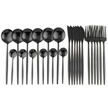 Jokipvy 24pcs Black Cutlery Set Stainless Steel Dinnerware Spoon Knife Fork Tableware Set Western Kitchen Silverware - Black - View 1