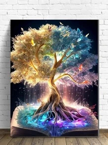 1套樹版畫DIY無框鑽石畫，現代塑料DIY無框鑽石畫，適合家居裝飾，禮品 - 米色 - 查看 5