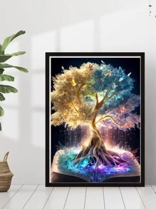 1套樹版畫DIY無框鑽石畫，現代塑料DIY無框鑽石畫，適合家居裝飾，禮品 - 米色 - 查看 4