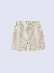 2 件婴幼儿黄色条纹领结短袖套装短裤，适合生日派对、婚礼、满月仪式、洗礼 - 杏色 - 查看 1