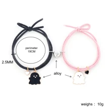 1pair Black & Pink Elastic Hair Ties With Heart & Magnet Decor Halloween Ghost Charm Bracelet, Suitable For Couples' Daily Wear - Black and Pink Heart Ghost - View 4