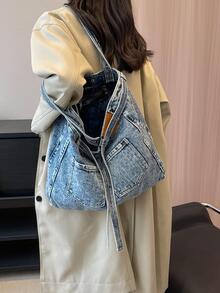 字母刺繡購物袋大容量前口袋休閒 - 藍色 - 查看 10