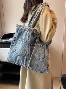 字母刺繡購物袋大容量前口袋休閒 - 藍色 - 查看 1