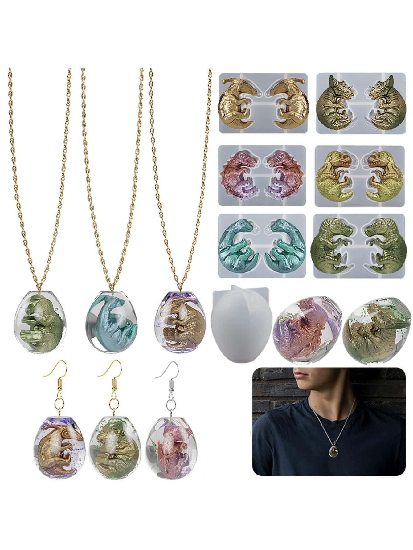 1入組diy環氧樹脂恐龍蛋/雞蛋吊墜、龍球/星球吊墜和耳環矽膠模具 - 白色 - 查看 1