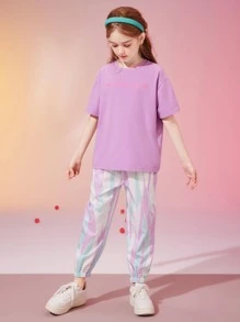 2 cái/bộ Cô gái Tween Giải trí Vòng cổ Ngắn tay Áo thun Và Quần Chạy bộ Với Cổ tay áo Cho mùa hè - Nhiều màu - Xem 2