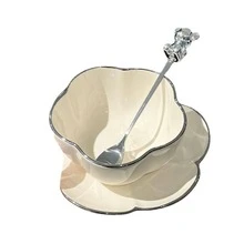 1pc Flower Design Bowl & 1pc Plate & 1pc Bear Decor Spoon, Modern Porcelain Cutlery Set For Home - Beige - View 5