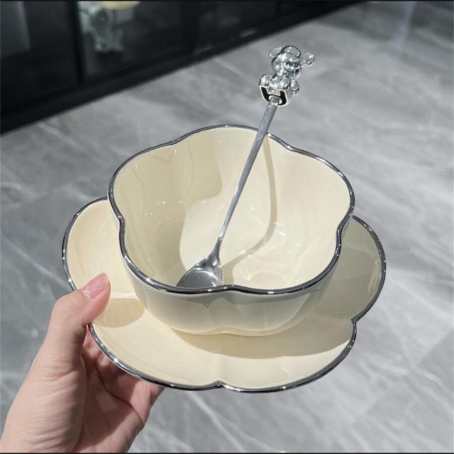 1pc Flower Design Bowl & 1pc Plate & 1pc Bear Decor Spoon, Modern Porcelain Cutlery Set For Home - Beige - View 1
