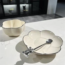 1pc Flower Design Bowl & 1pc Plate & 1pc Bear Decor Spoon, Modern Porcelain Cutlery Set For Home - Beige - View 4