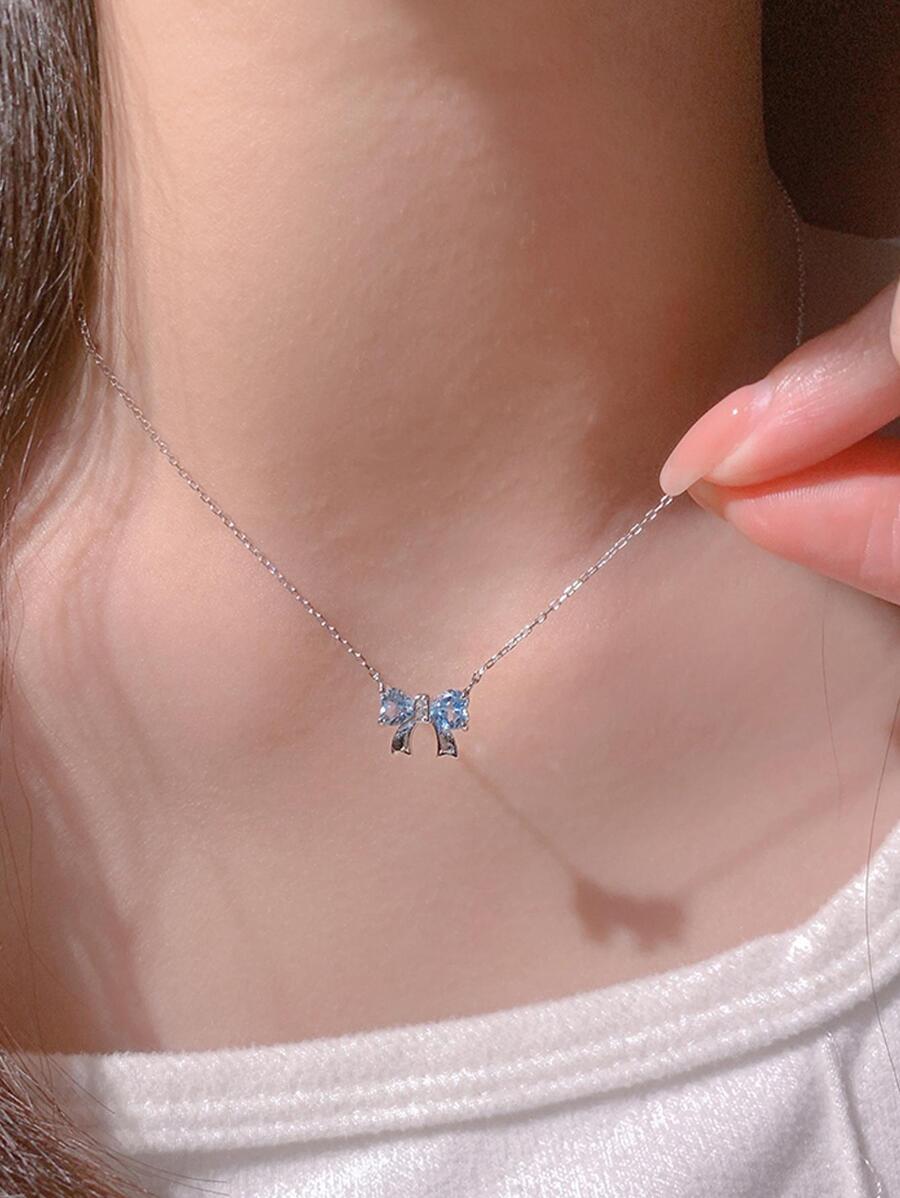 Bow Charm Necklace Valentines,Mom,Mother,Mother's Day,Gift - Blue - View 1
