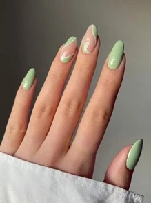 Upgrade Your Look With 24pcs Sage Green Swirl Long Almond French Style Full Cover Fake Nail Kit - Multicolor - View 1