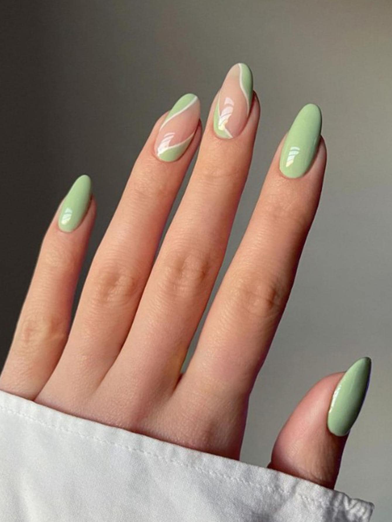 Upgrade Your Look With 24pcs Sage Green Swirl Long Almond French Style Full Cover Fake Nail Kit - Multicolor - View 1