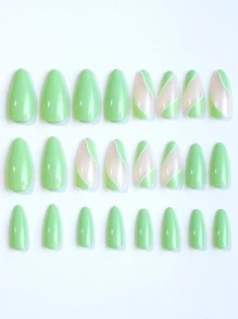 Upgrade Your Look With 24pcs Sage Green Swirl Long Almond French Style Full Cover Fake Nail Kit - Multicolor - View 4