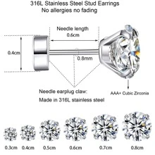 2入組/套時尚不銹鋼方晶鋯石耳釘適合男士女士日常裝飾 - 白色 - 查看 2