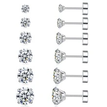 2入組/套時尚不銹鋼方晶鋯石耳釘適合男士女士日常裝飾 - 白色 - 查看 3